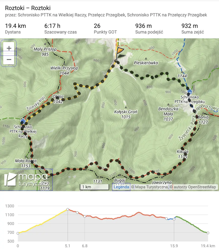 Mapa trasy na Wielką Raczę i Schronisko w Przegibku